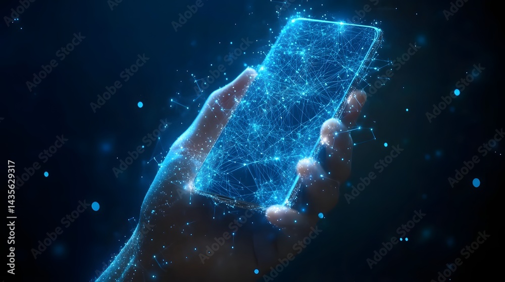 Leinwandbilder A hand holds a glowing phone, visualized as a digital hub with interconnected data streams. Blue orbs float in the dark, suggesting the digital space of Abstract wireframe in dark blue.