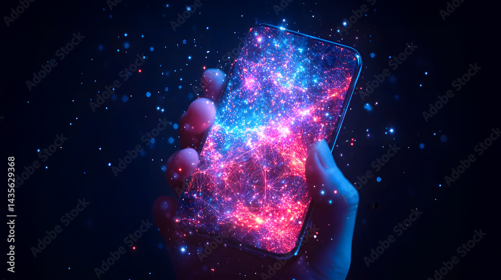Aufkleber A hand showcases a smartphone displaying a vibrant digital network. Glowing blue and red lines suggest a futuristic interface or technological circuit. Abstract wireframe in dark blue.