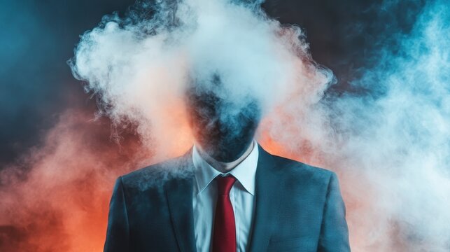 A suit-clad figure stands in a cloud of smoke, with their head obscured, reflecting a blend of mystery and artistry, suggesting themes of anonymity and human emotion. - Powered by Adobe