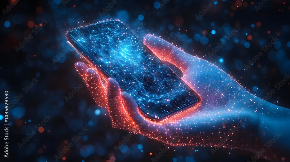 Poster futuristic digital hand holding a glowing phone, connectivity emphasized by vibrant colors. a concep