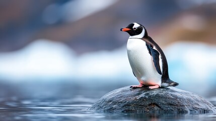 Naklejka premium A captivating Gentoo penguin perches elegantly on a rock at the water's edge, reflecting nature's beauty and the serene ambiance of the frozen landscape.
