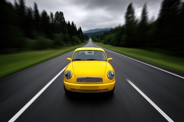 Naklejka premium Bright yellow sports car driving on scenic asphalt highway through forested hills at high speed motion conveying power precision and freedom of road travel during sunny drive