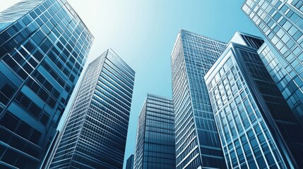 Modern skyscrapers reaching towards a blue sky showcasing contemporary architecture and reflective glass facades