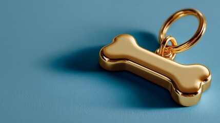 Bone-shaped golden pet tag with ring, close-up on light blue background with space left for custom name engraving. 