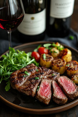 Juicy steak served with roasted potatoes and cherry tomatoes on a white plate.
