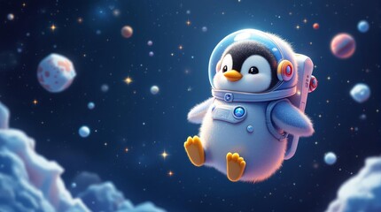 Fototapeta premium Cute cartoon penguin in astronaut suit floating in space among planets. Whimsical art.