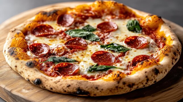 A beautifully baked pepperoni pizza on a wooden surface, showcasing its crispy crust, melted cheese, and vibrant toppings for an enticing culinary experience.