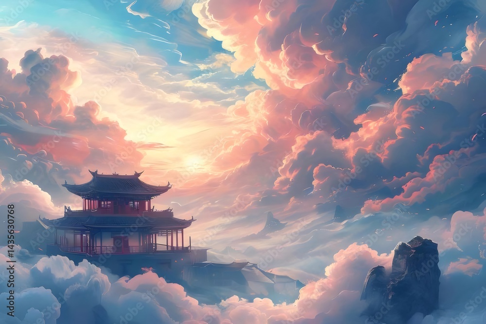 Aufkleber 夕焼け空に浮かぶ寺院と雲のパノラマ風景 輝く夕日の光と幻想的な雰囲気 美しいピンクとオレンジ色の雲