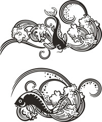 Vector Chinese koi fish ornamental designs with wave backgrounds. Asian luxury traditional fish illustrations for greeting cards, Chinese New Year designs, posters, calendars, logos, signs.
