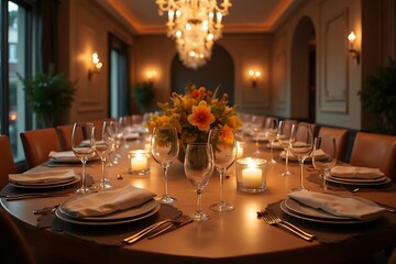 Elegantly Set Table for a Dinner Party, Illuminated by a Chandelier and Candles, Featuring Plates, Napkins and Stemware.                              