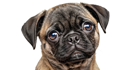 Obraz premium Playful Pug Puppy Tilting Head Bright Eyes Isolated Transparent Background PNG Cute Dog Pet Adorable