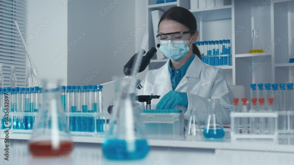 Poster A focused scientist in a lab coat examines specimens using a microscope, surrounded by colorful test tubes, showcasing the precision and innovation in contemporary scientific research.