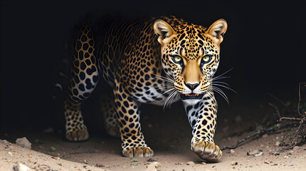 Naklejka premium A fierce and focused leopard moves silently through the shadows, its piercing eyes locked onto its target.