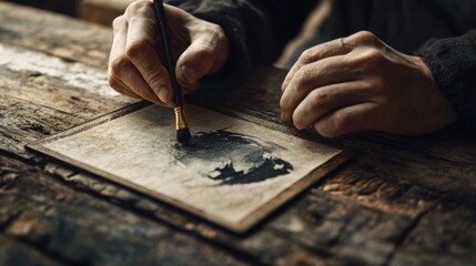 Close-up of an artist's hands meticulously applying dark paint to an antique paper, creating an abstract piece.