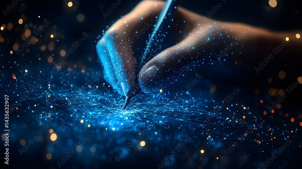 Poster Captivating image of a hand poised with a pen, creating a digital connection highlighted by gold and blue networks. Perfect for illustrating innovation. Abstract wireframe in dark blue.