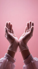 Gloved Hands Cupped Together on Pink Background