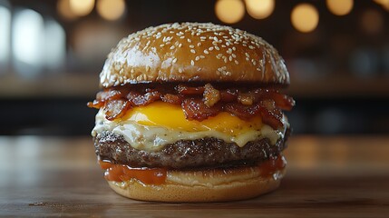 Juicy beef burger with melted cheese, crispy bacon, and fried egg on a sesame seed bun