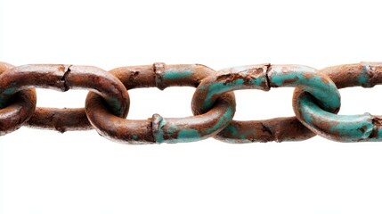 Obraz premium An old, rustic chain accentuated with a striking turquoise patina, providing an artistic representation of strength, durability, and the beauty of age through a minimalist aesthetic.