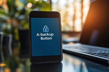 Blue combination lock on laptop keyboard and smartphone near glass table in office room, computer security concept with copy space for text or web banner design. Copy space for the word "Auto-backup 