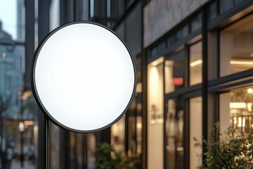 3D rendering of a blank white circular wall sign mockup hanging on a black metal stand outside a store. Realistic mock-up for display, minimalism, neutral color palette, minimalist design, close-up 