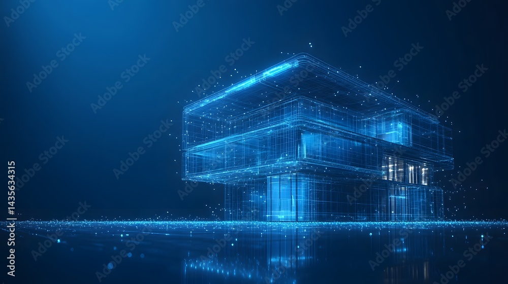 Leinwandbilder futuristic abstract building with glowing lines, rendered in vibrant blue. reflective ground and sca
