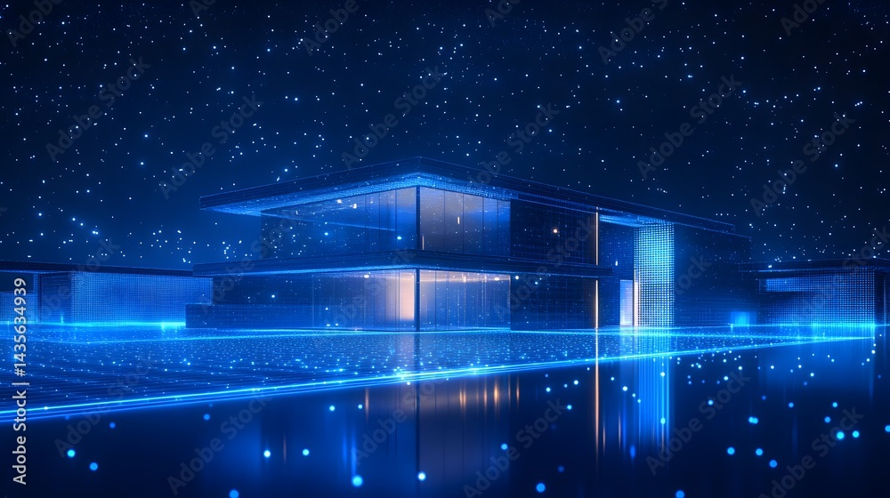 Poster futuristic buildings glow with bright blue light, reflected in a grid-like surface under a starry ni