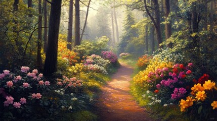 Obraz premium sunlit forest path with blooming rhododendrons
