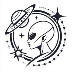 Alien Profile with Stars and Planet Rings