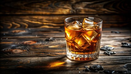 Whiskey Drink with Ice on Rustic Wood