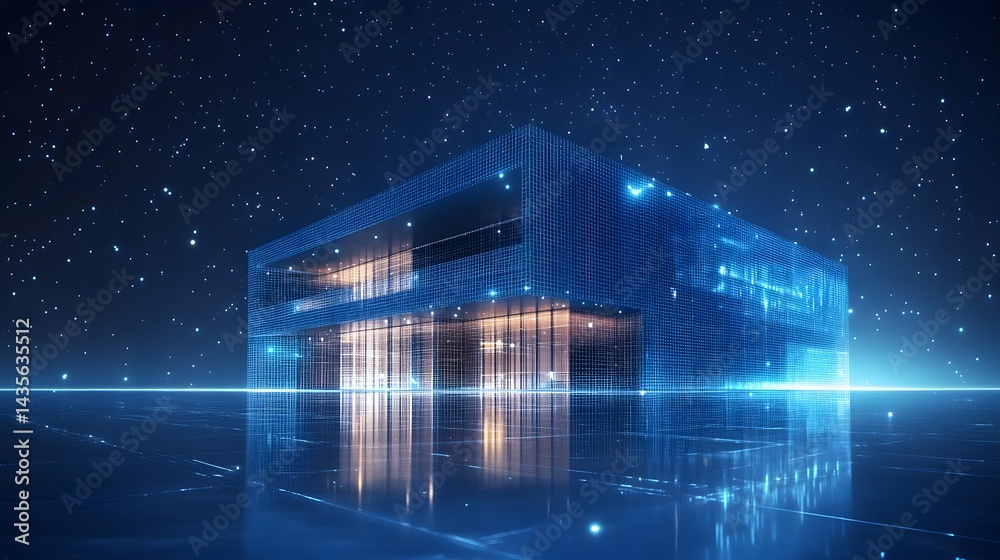 Poster futuristic two-story building reflecting on a polished surface under a starry night. large windows e