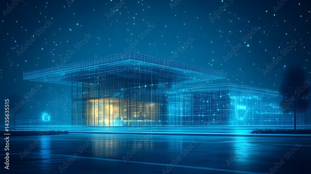 Poster Futuristic architectural visualization showcasing a multi-level building with golden light, reflected on a surface, stars. Abstract wireframe in dark blue.