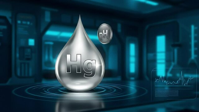 Silver drop of mercury is in a science lab.