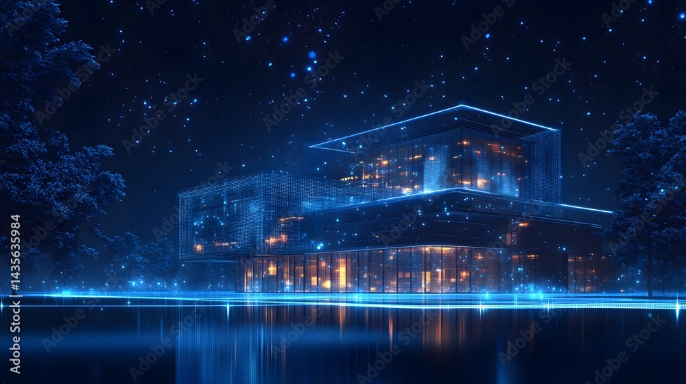 Poster modern building with glowing facade mirroring in water under a starry sky. boxy, cantilevered design