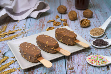 Chocolate and vanilla ice cream surrounded by chocolate toppings and nuts