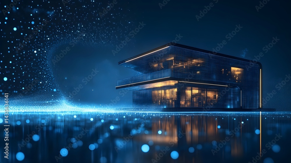 Poster Futuristic two-story wireframe building with cool blue and warm golden lights, reflected on a surface with bokeh. Ethereal particles enhance the abstract scene. Abstract wireframe in dark blue