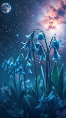 majestic cosmic bluebells flowers in the galaxy, created by generative ai