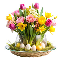 Obraz premium bouquet of colorful tulips and easter eggs