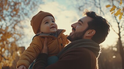 A smiling man carries a young child on his shoulders