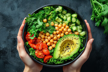 Bowl of salad: avocado, chickpeas, cherry tomatoes, mixed greens, drizzled with balsamic vinaigrette, sitting on a wooden table with cutlery beside it.