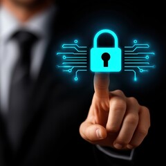A businessman in a suit touching a glowing digital holographic image of a locked padlock representing cybersecurity data protection and information access control