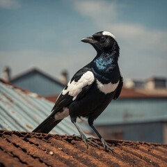 Obraz premium Magpie on Corrugated Rooftop