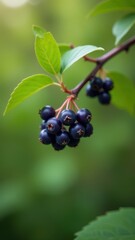 Branch with ripe, dark berries and vibrant green leaves against a blurred natural background, highlighting the contrast and detail of the foliage and fruit