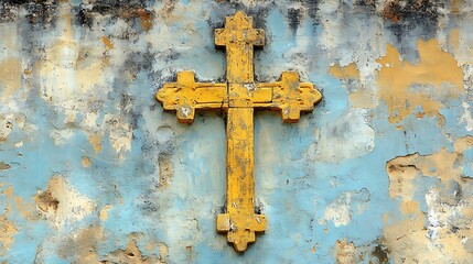 Weathered yellow cross on a crumbling blue wall