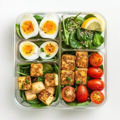 Healthy and colorful lunchbox meal with protein and greens.