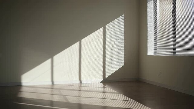 Medium shot of a corner in an empty room where bright sunlight streams through a window with closed blinds, casting sharp shadows on the walls and wooden floor