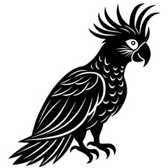 Fototapeta premium vector silhouette of a cockatoo with raised crest, perched, simple shape, white background 