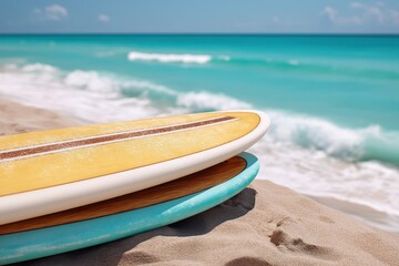Colorful surfboards stacked at beach edge with turquoise sea behind and subtle foamy wave line under natural daylight for lifestyle travel photo