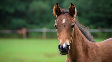 Fototapeta premium Young brown horse standing in a green field with blurred trees in the background