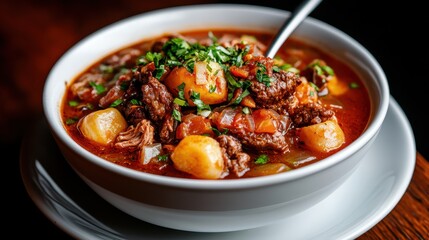 This hearty beef soup features tender pieces of meat, potatoes, and vegetables simmered to perfection, creating a comforting dish ideal for warming up during cold weather.