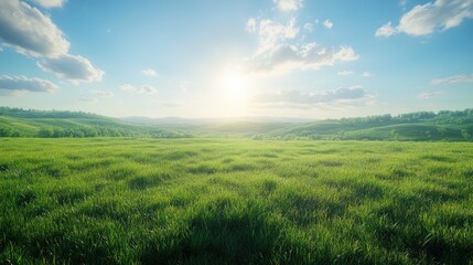 Obraz premium Rolling green grass field under blue sky with sunlight nature environment background